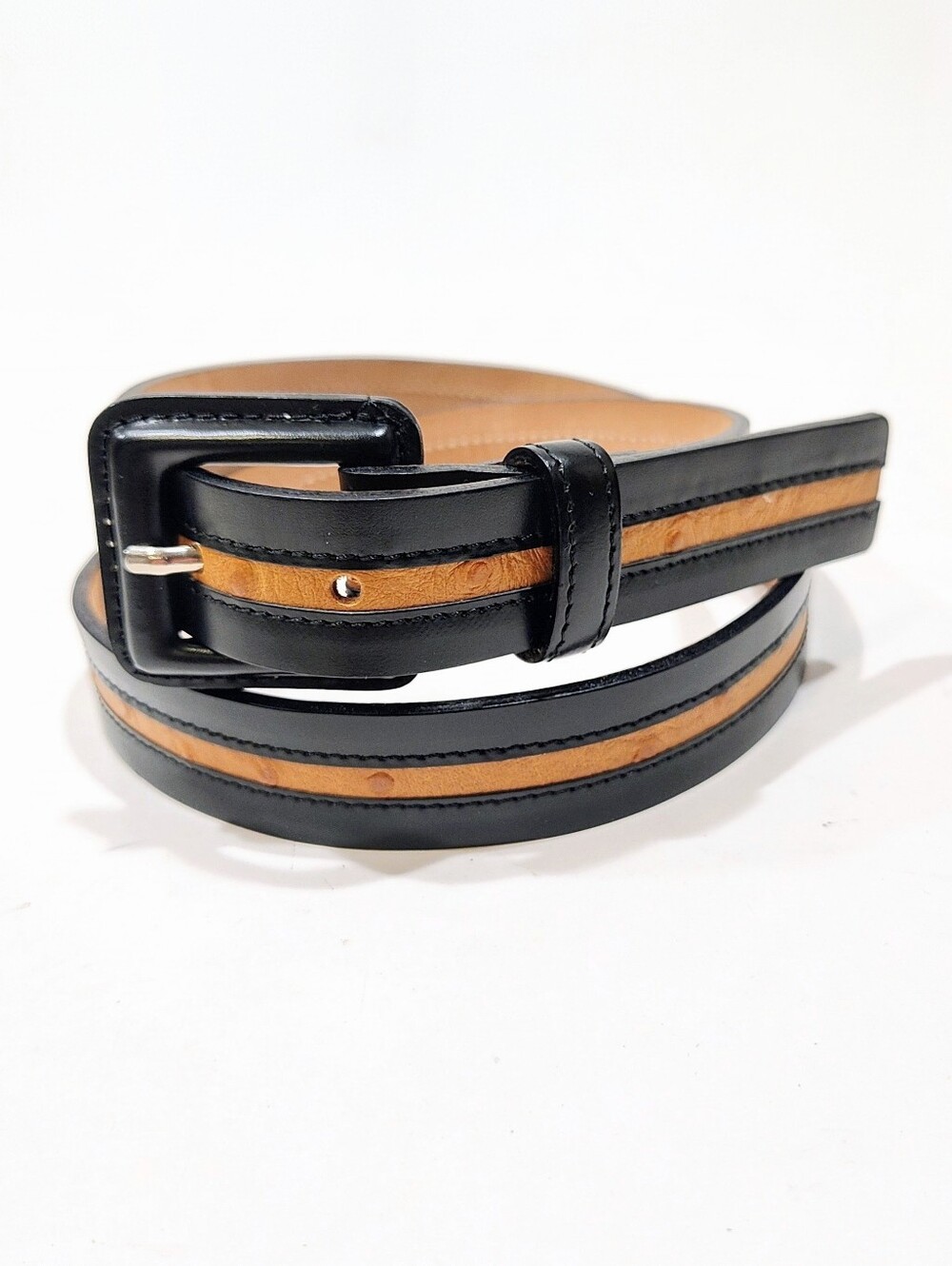 Tanner Black Leather Belt Tan Ostrich Inset Size M Genuine Leather Made in Italy
